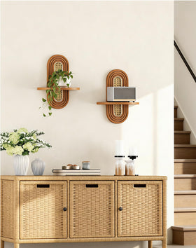 Hongsane walnut wall shelves creating layered decor in a small space