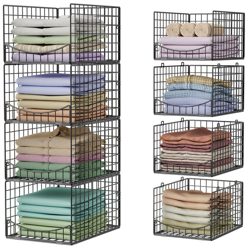 Hongtamoya 4-tier closet organizer front view with space-saving black steel shelves.
