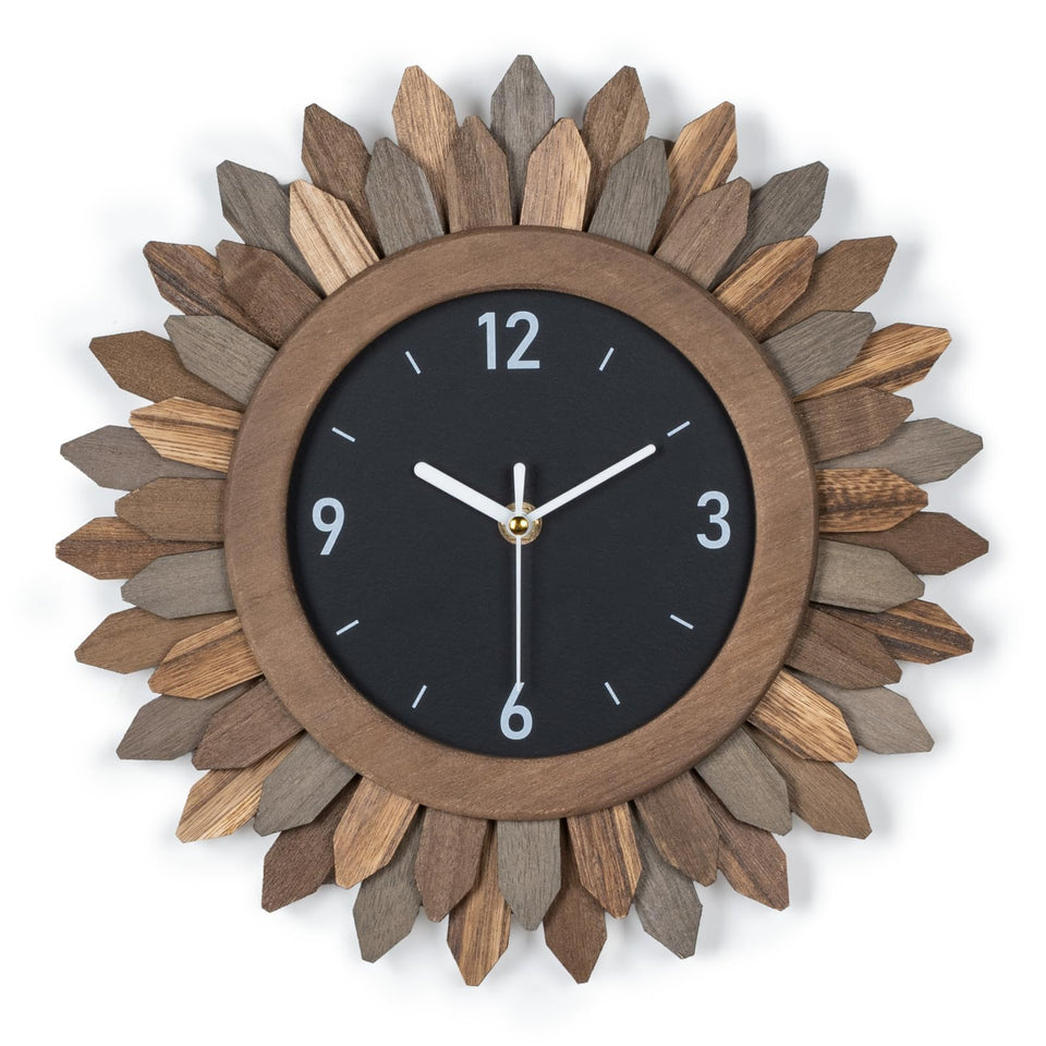 Honiway sunburst wall clock front view shows rustic design and easy readability.