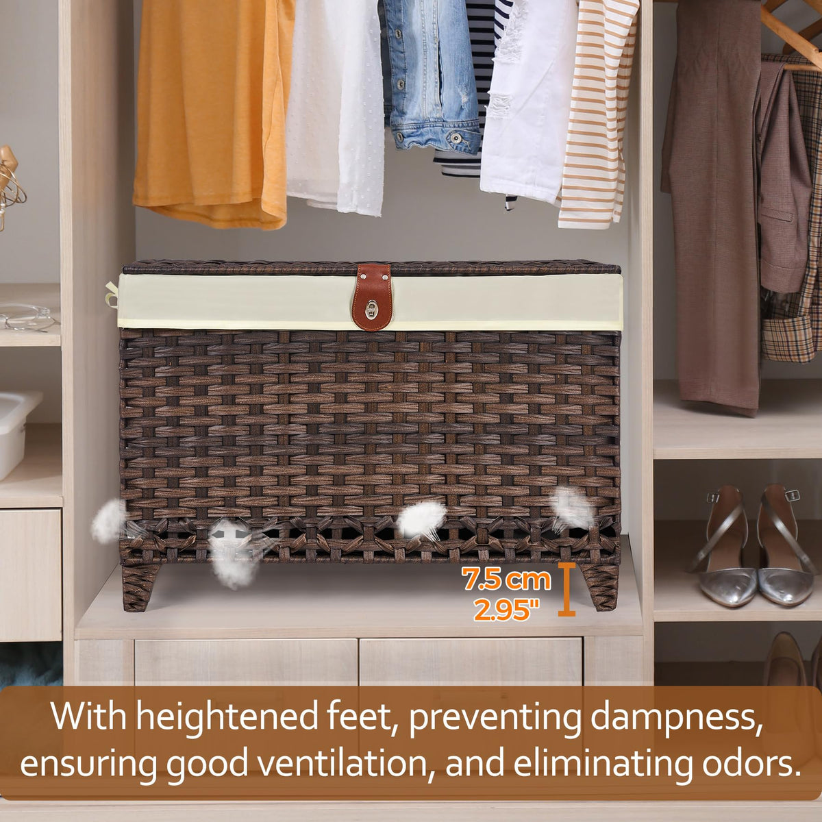 Honjourai storage basket with heightened feet promotes ventilation for textiles.