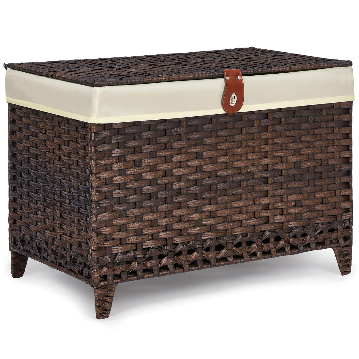 Honjourai wicker storage basket with lid, easy one-handed access for clothes.
