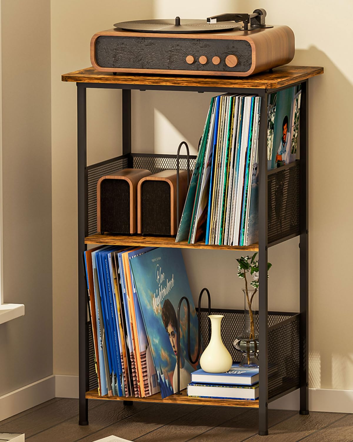 Honkazita record-player-stand with 2-tier storage holds up to 200 vinyl records.