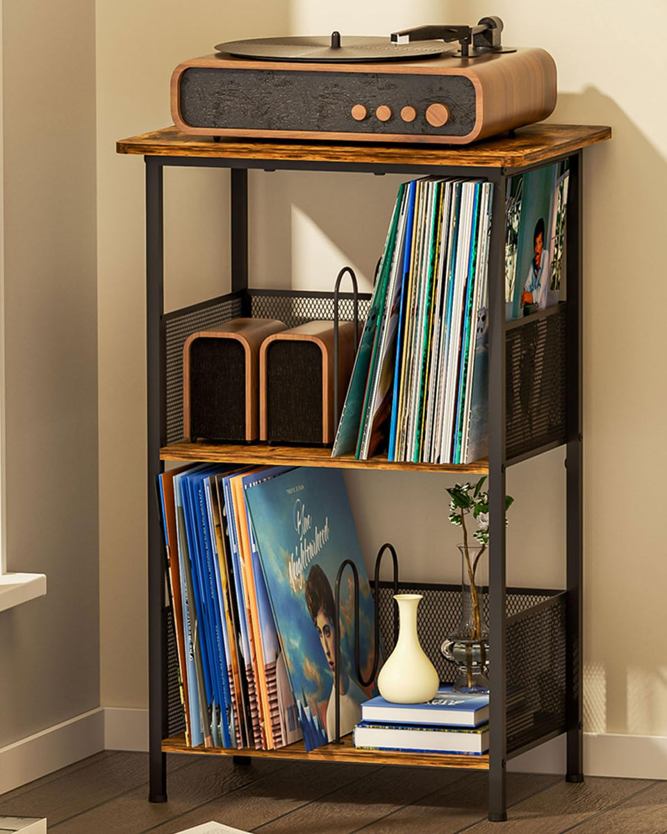 Honkazita record-player-stand with 2-tier storage holds up to 200 vinyl records.