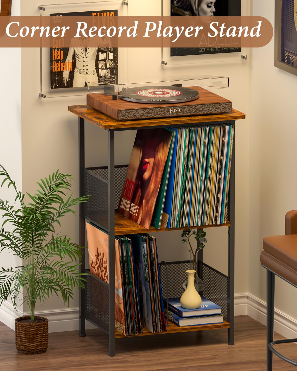 Honkazita record-player-stand-m-shaped-dividers help organize vinyl for quick access.