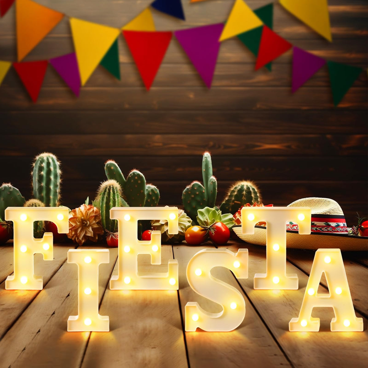 Honoson Fiesta LED Letters Sign on dining room mantel elevates party mood