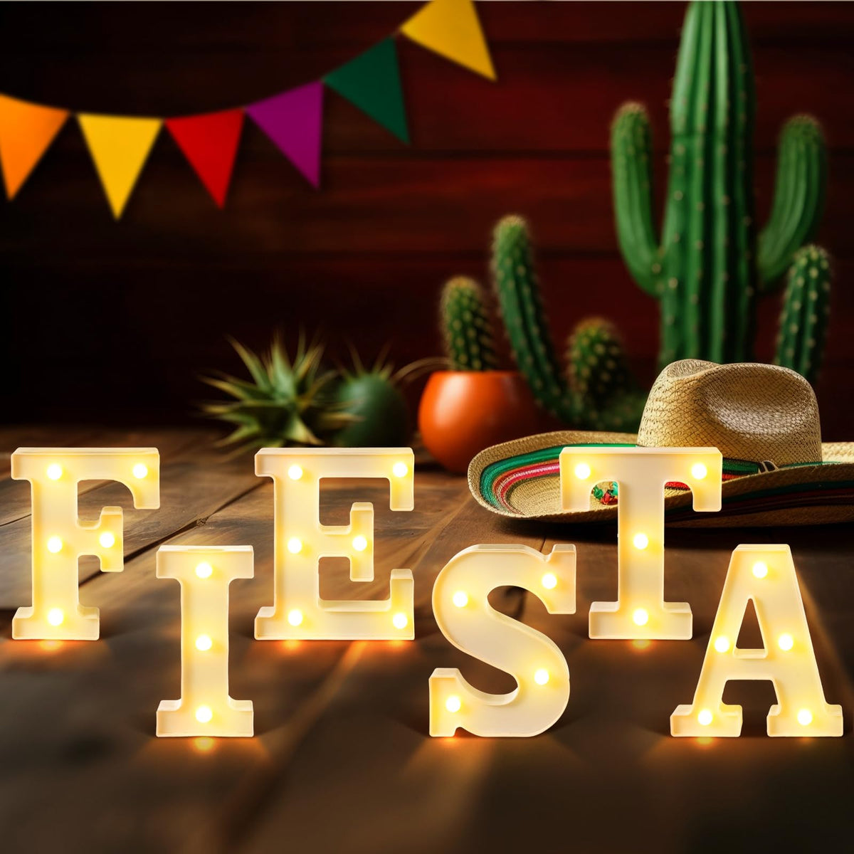 Honoson Fiesta LED Letters Sign emits warm yellow light for celebrations