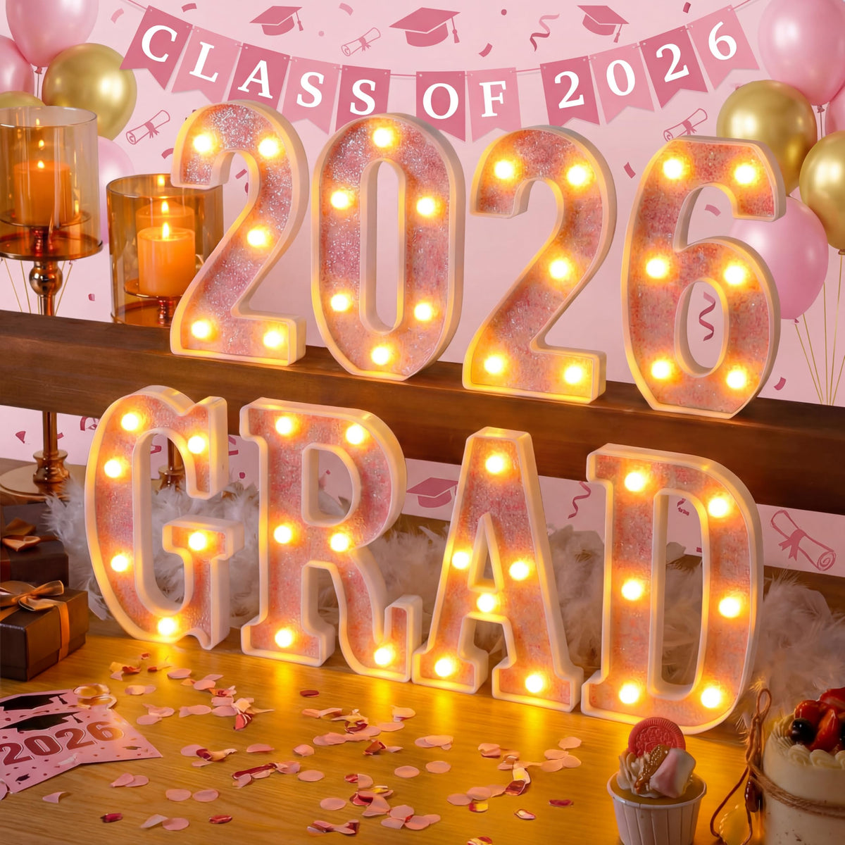 Honoson Grad 2026 pink LED sign for tabletop centerpiece and glow.