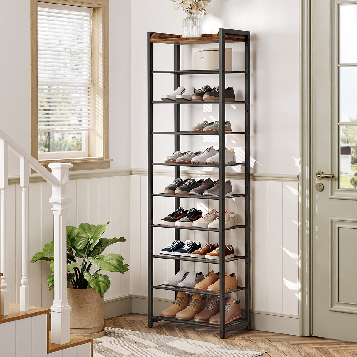 HOOBRO shoe rack side view highlights sturdy metal frame and stable shelving.