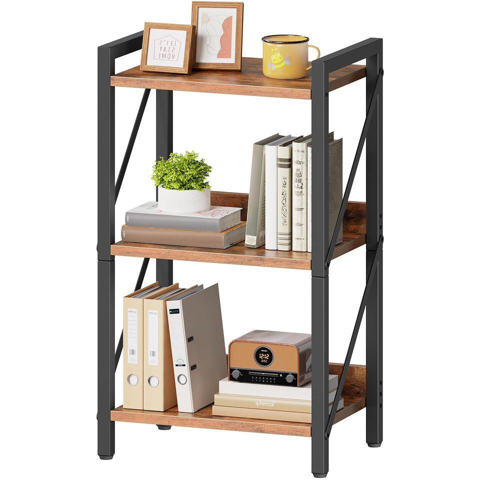 HOOBRO 3-tier bookshelf front view with rustic brown and black finish for stylish storage.