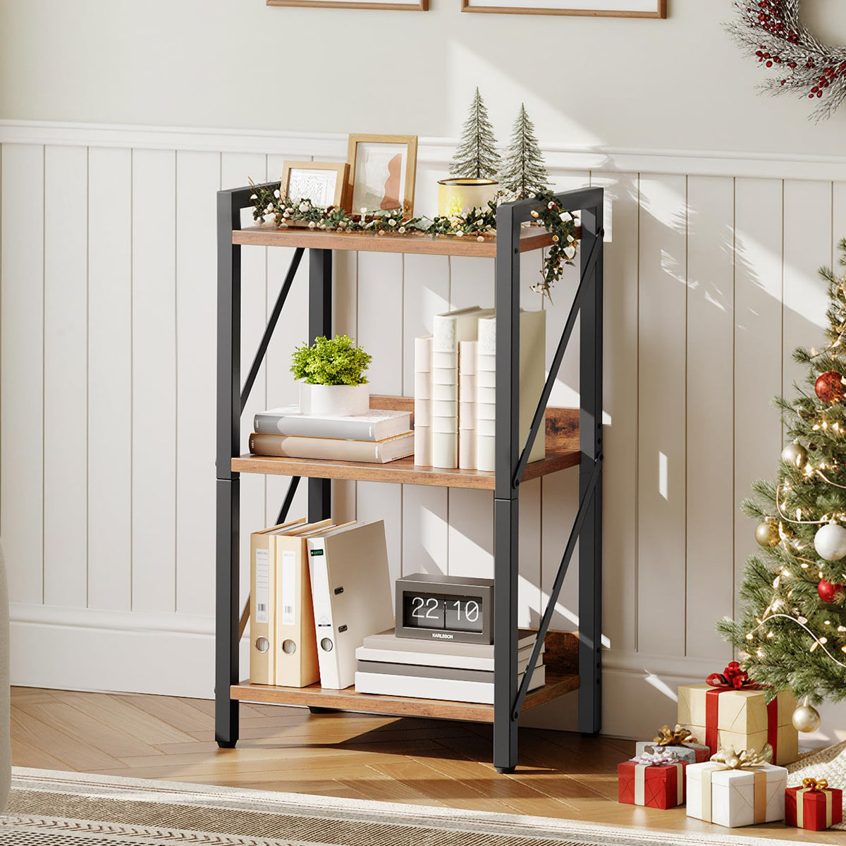 HOOBRO bookshelf side view highlighting sturdy metal frame and compact footprint.