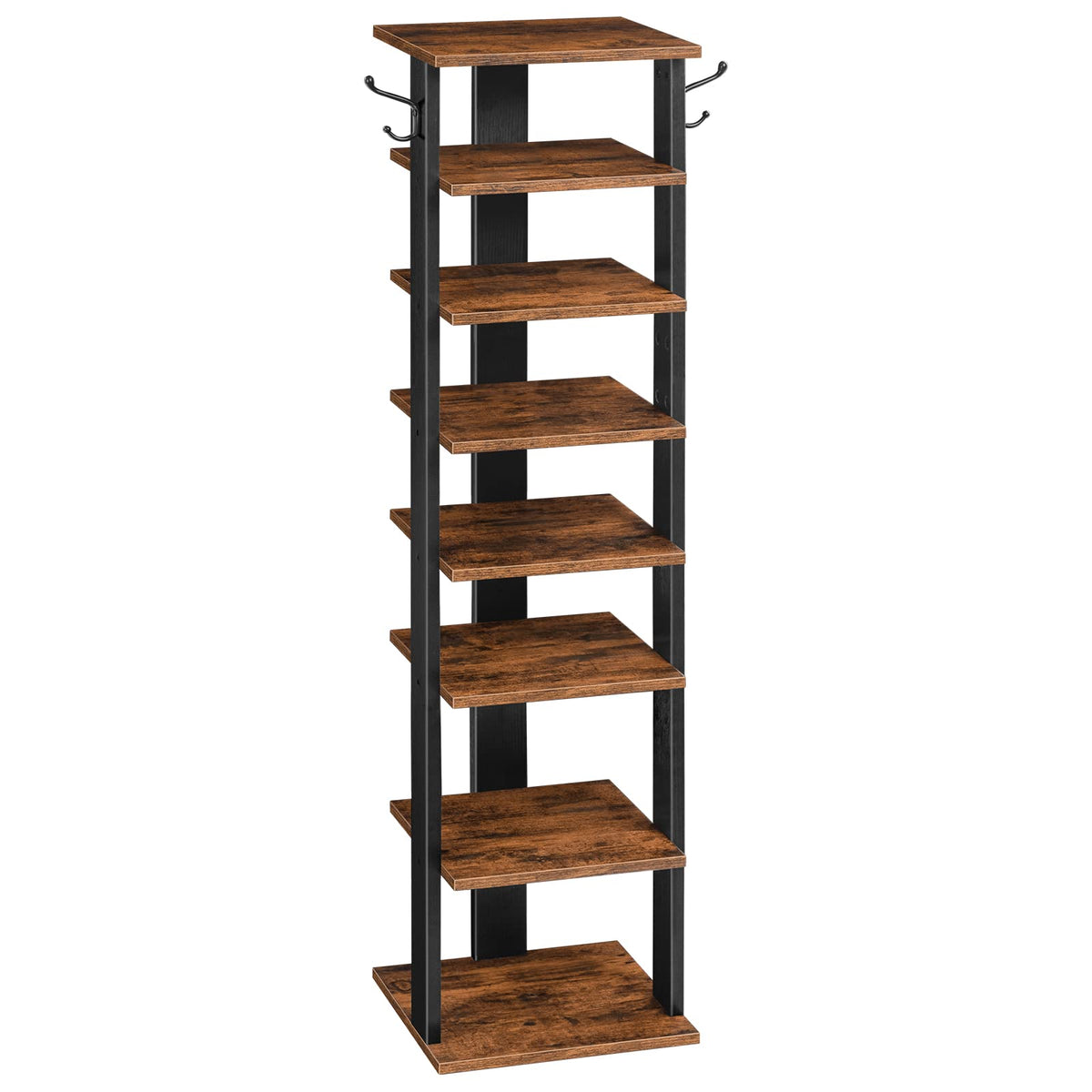 HOOBRO 8-Tier vertical shoe rack front view with neatly organized shoes in rustic brown finish