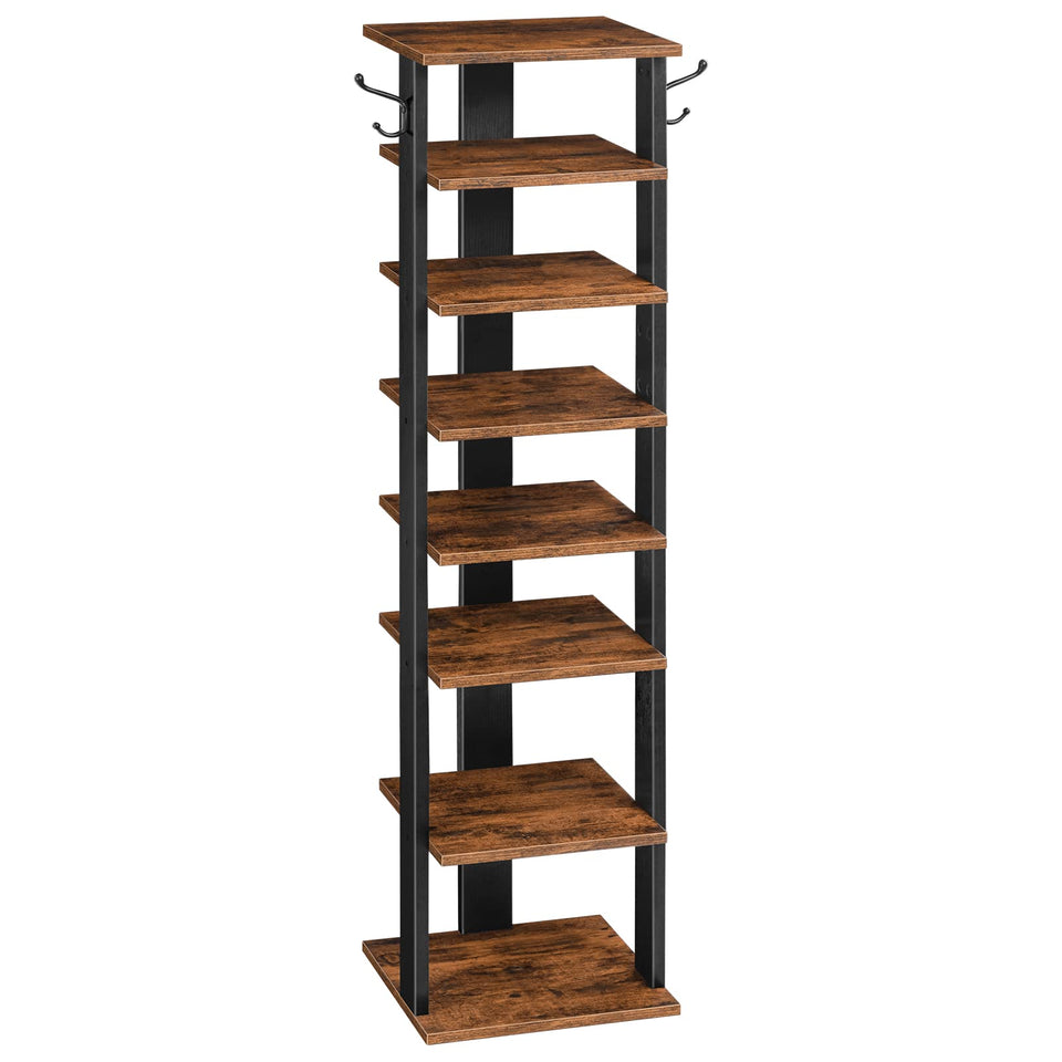 HOOBRO 8-Tier vertical shoe rack front view with neatly organized shoes in rustic brown finish