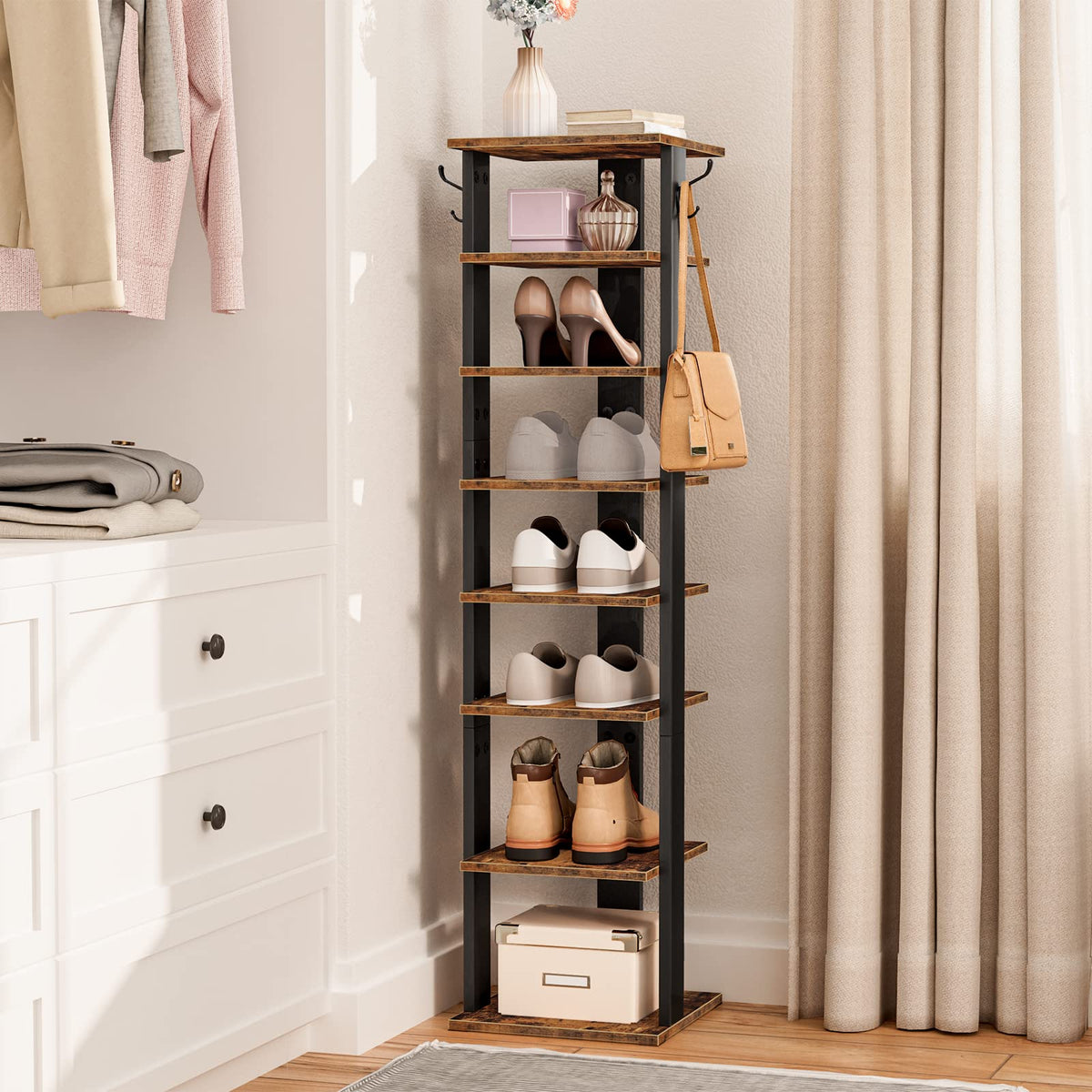 HOOBRO 8-Tier vertical shoe rack side hooks offering extra storage for umbrellas and small items