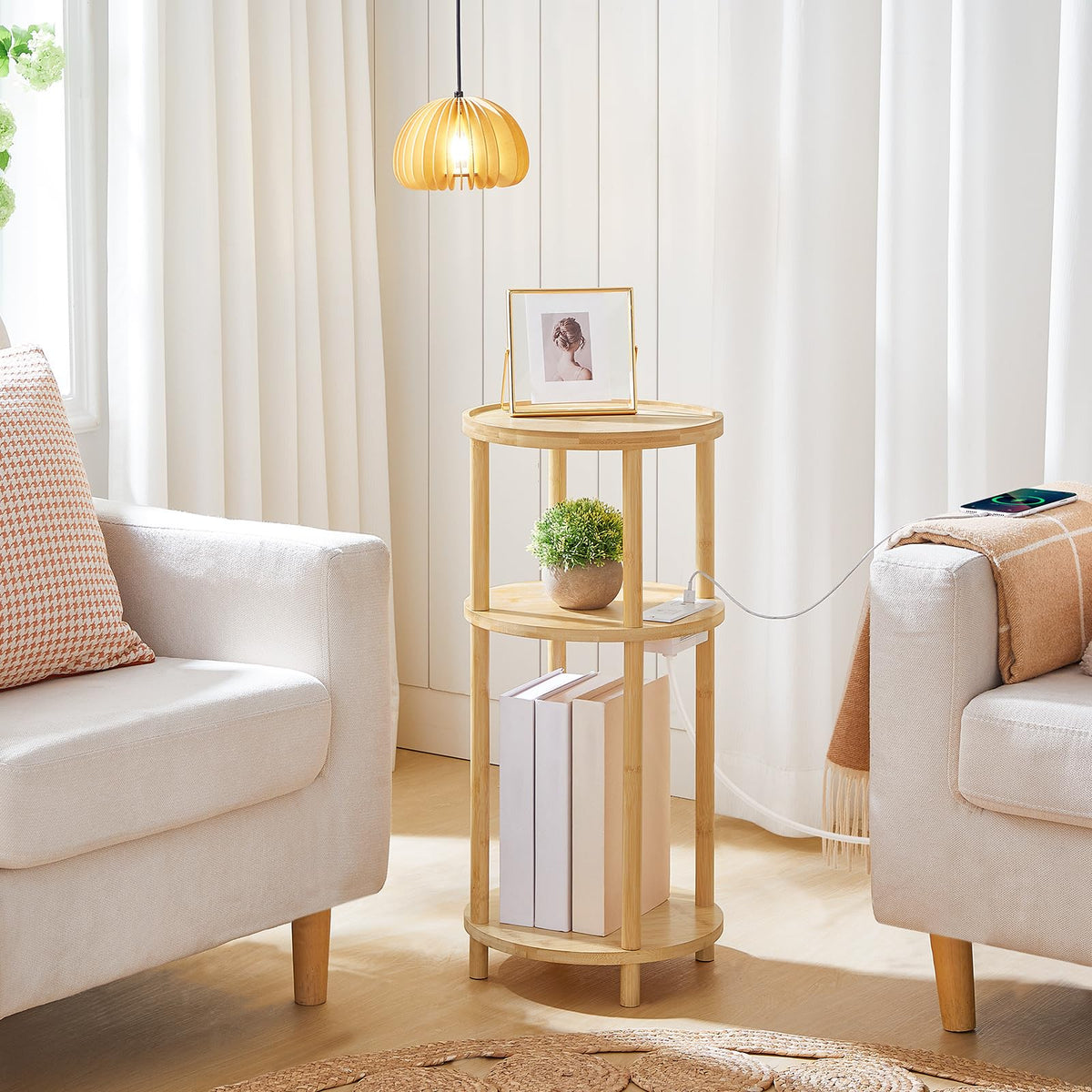 HOOBRO natural bamboo end table with waterproof surface for easy cleaning