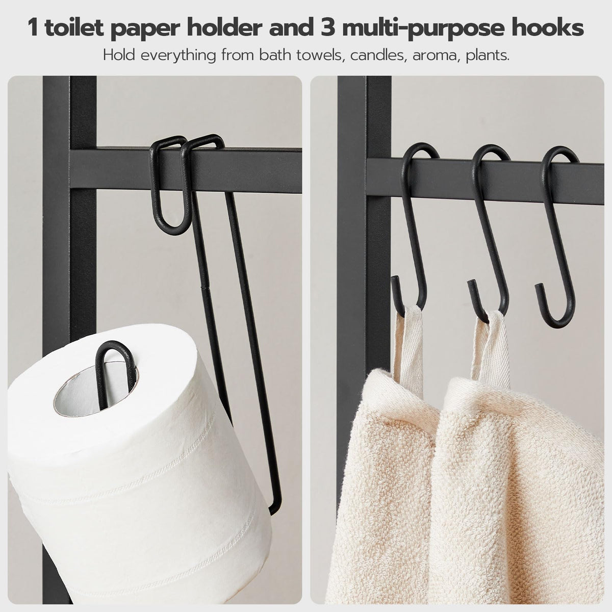 HOOBRO bathroom organizer showing toilet paper holder and hooks for towels and robes.