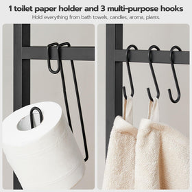HOOBRO bathroom organizer showing toilet paper holder and hooks for towels and robes.