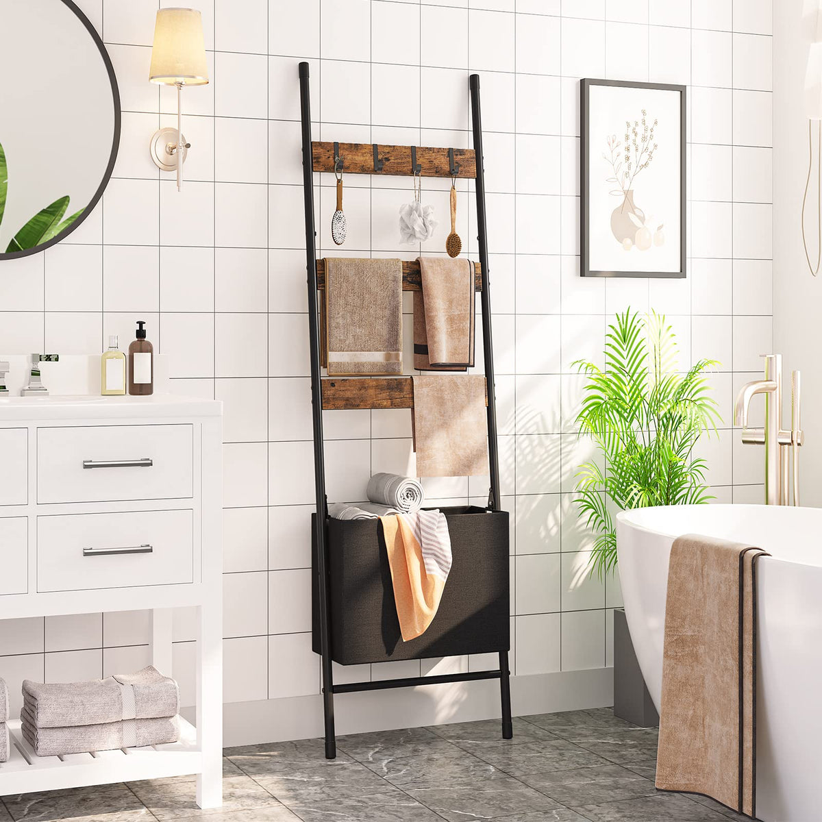 HOOBRO blanket ladder with iron frame adds rustic charm to a cozy space