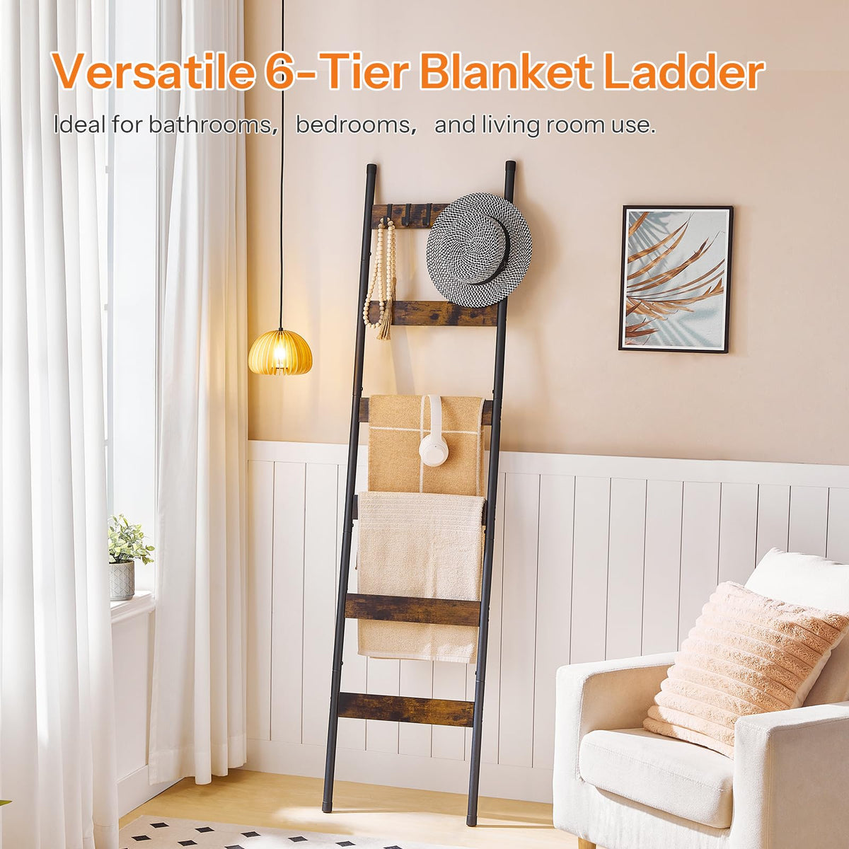 HOOBRO blanket ladder wall-leaning setup shown for easy access and décor.