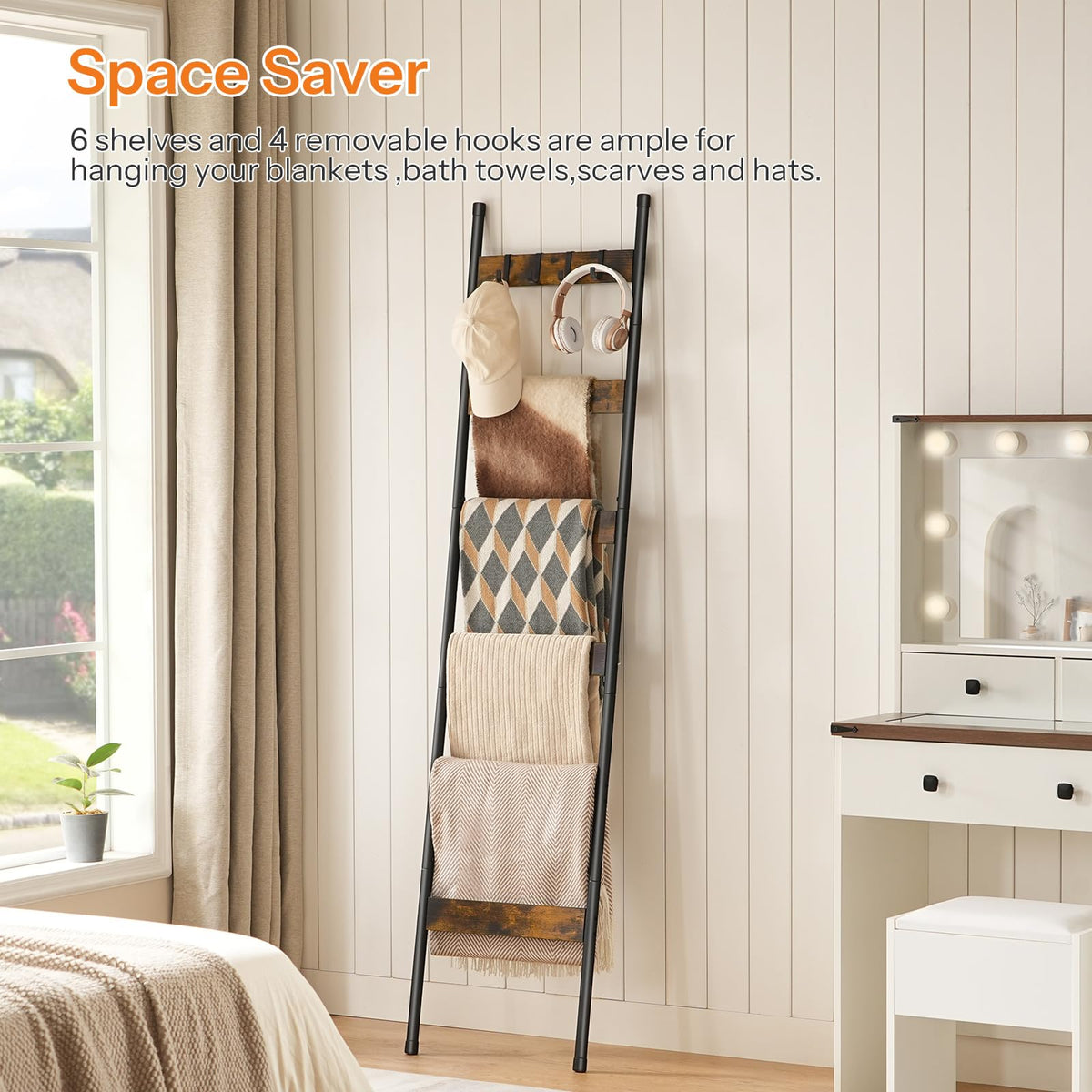 HOOBRO blanket ladder wood and metal contrast adds rustic industrial charm.