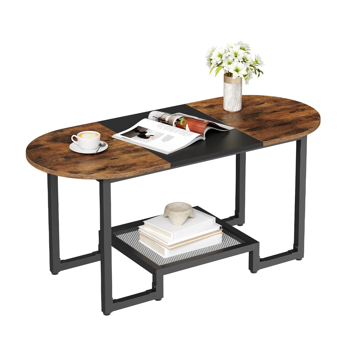 HOOBRO coffee table styling complements rustic Brown and Black finish in living room