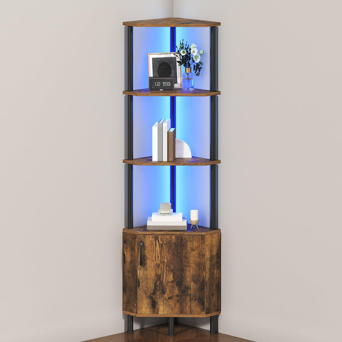 HOOBRO corner cabinet with LED light showcases display items with ambient glow.
