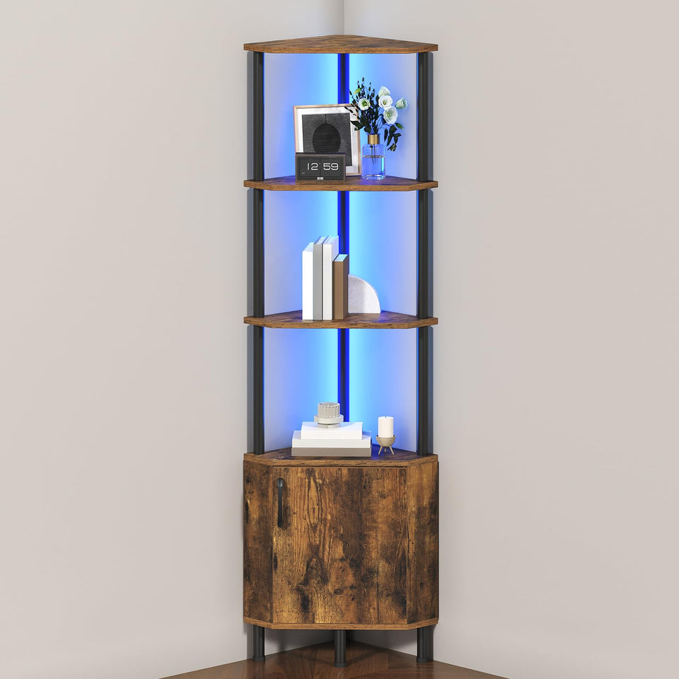 HOOBRO corner cabinet with LED light showcases display items with ambient glow.