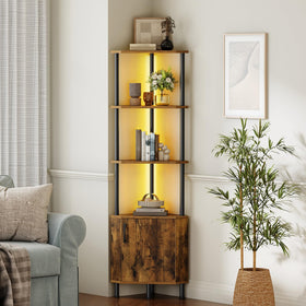 HOOBRO corner cabinet open shelves organize books, photos, and plants.