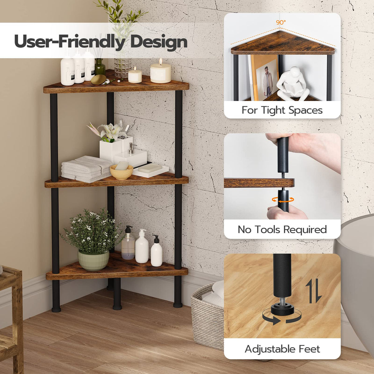 HOOBRO corner shelf stand three-tier layout optimizes small-space storage.