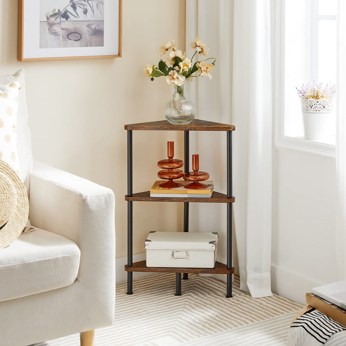 HOOBRO corner shelf stand front view highlights rustic brown shelves and black frame.