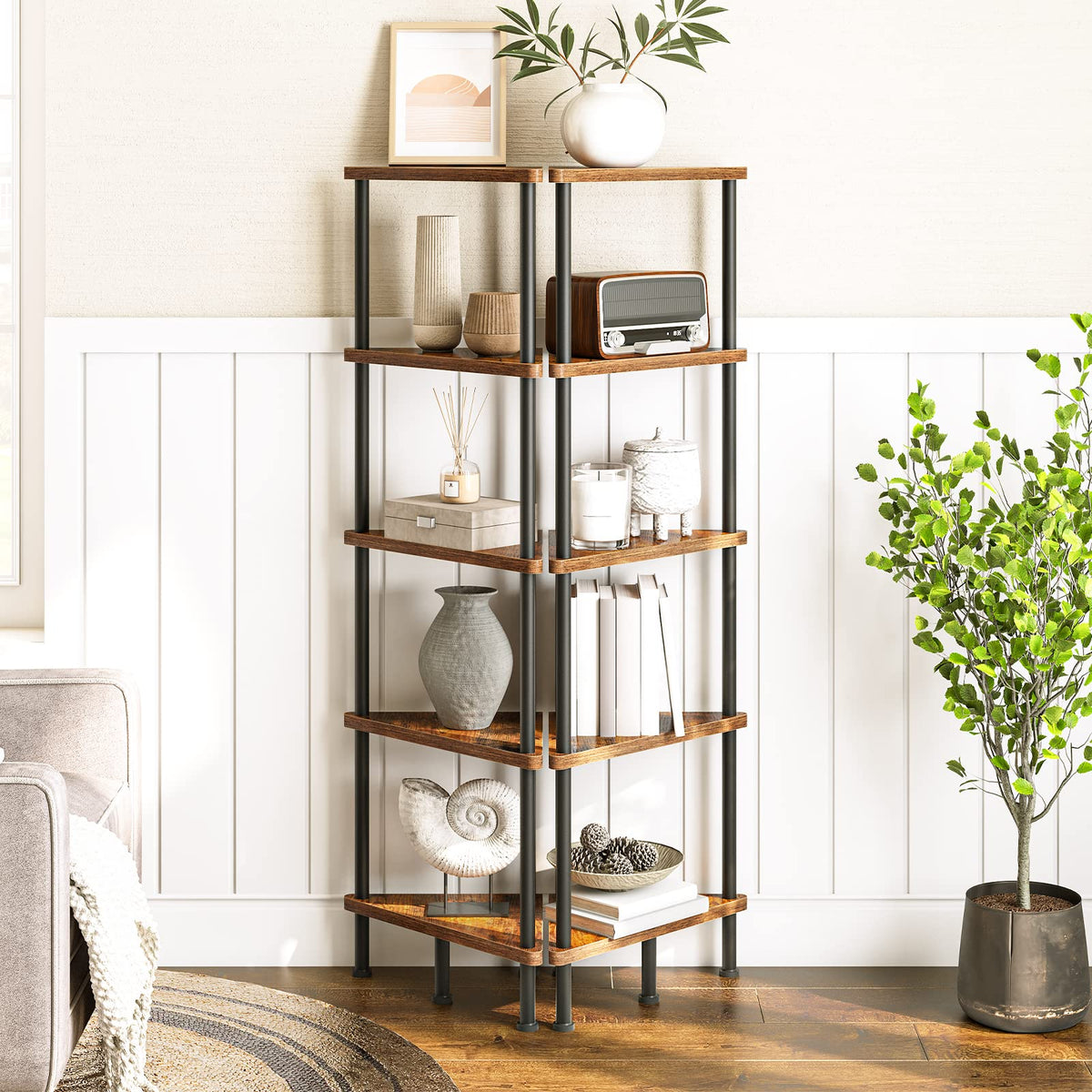 HOOBRO corner shelf stand industrial frame adds rugged style and stability.