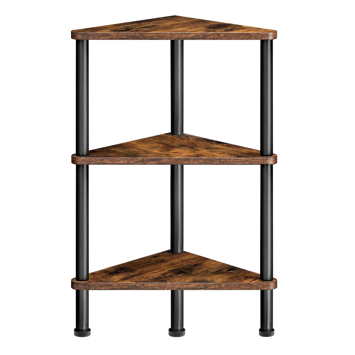HOOBRO corner shelf stand side view shows sturdy metal frame with rustic shelves.