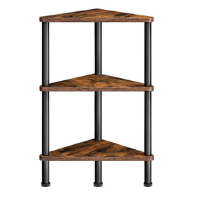 HOOBRO corner shelf stand side view shows sturdy metal frame with rustic shelves.