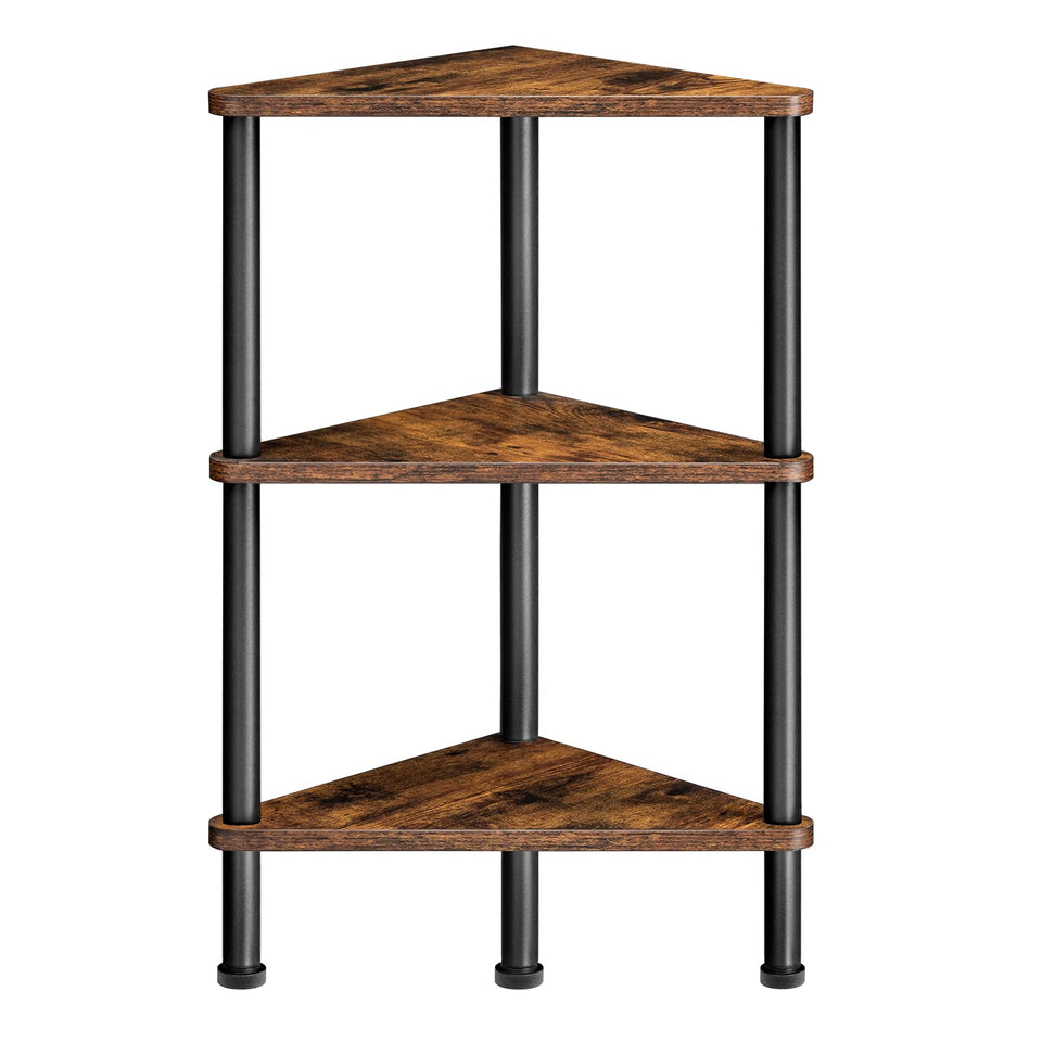 HOOBRO corner shelf stand side view shows sturdy metal frame with rustic shelves.