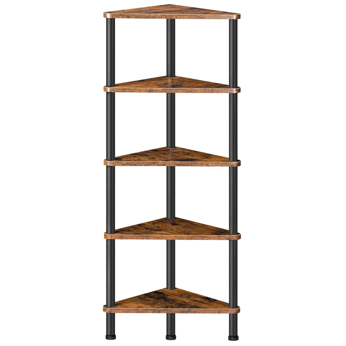 HOOBRO corner shelf stand structure showcases sturdy metal frame and rustic brown shelves, ideal for durable corner storage.