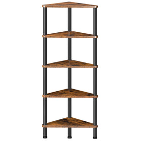 HOOBRO corner shelf stand structure showcases sturdy metal frame and rustic brown shelves, ideal for durable corner storage.