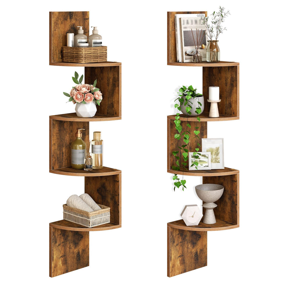 HOOBRO corner shelf wall-mounted 2-pack in rustic brown for a tidy living room display.