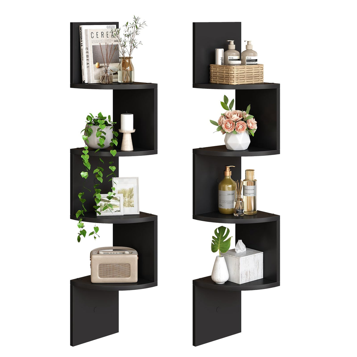 HOOBRO corner shelf wall-mounted set of two featuring 4-tier display for versatile organization.