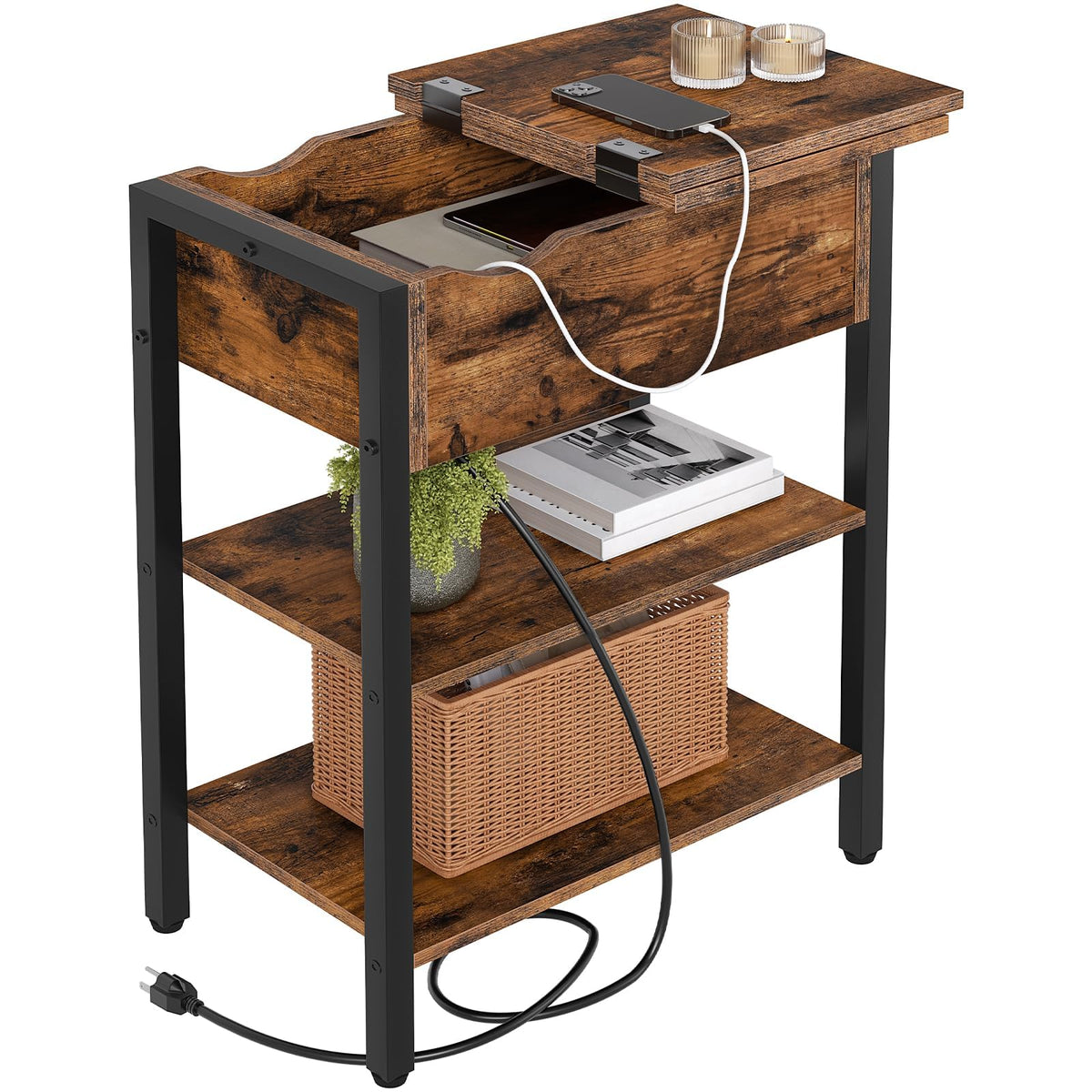 HOOBRO end table with charging station keeps cables organized beside the bed.