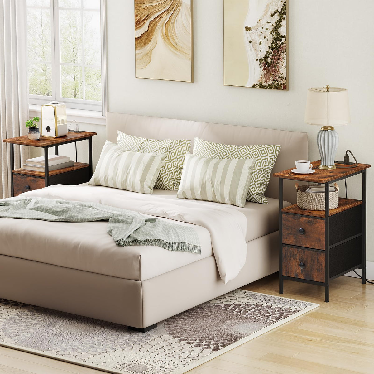 HOOBRO end table with charging station decorative items sit neatly atop this sturdy surface.