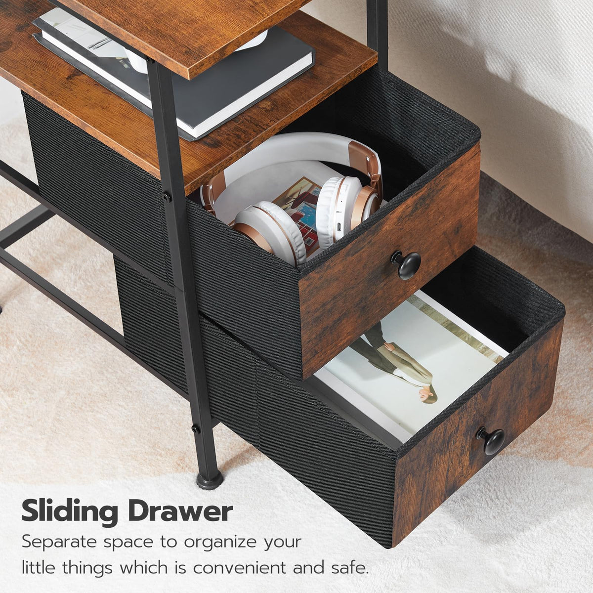 HOOBRO end table with charging station drawer storage keeps essentials within arm’s reach.