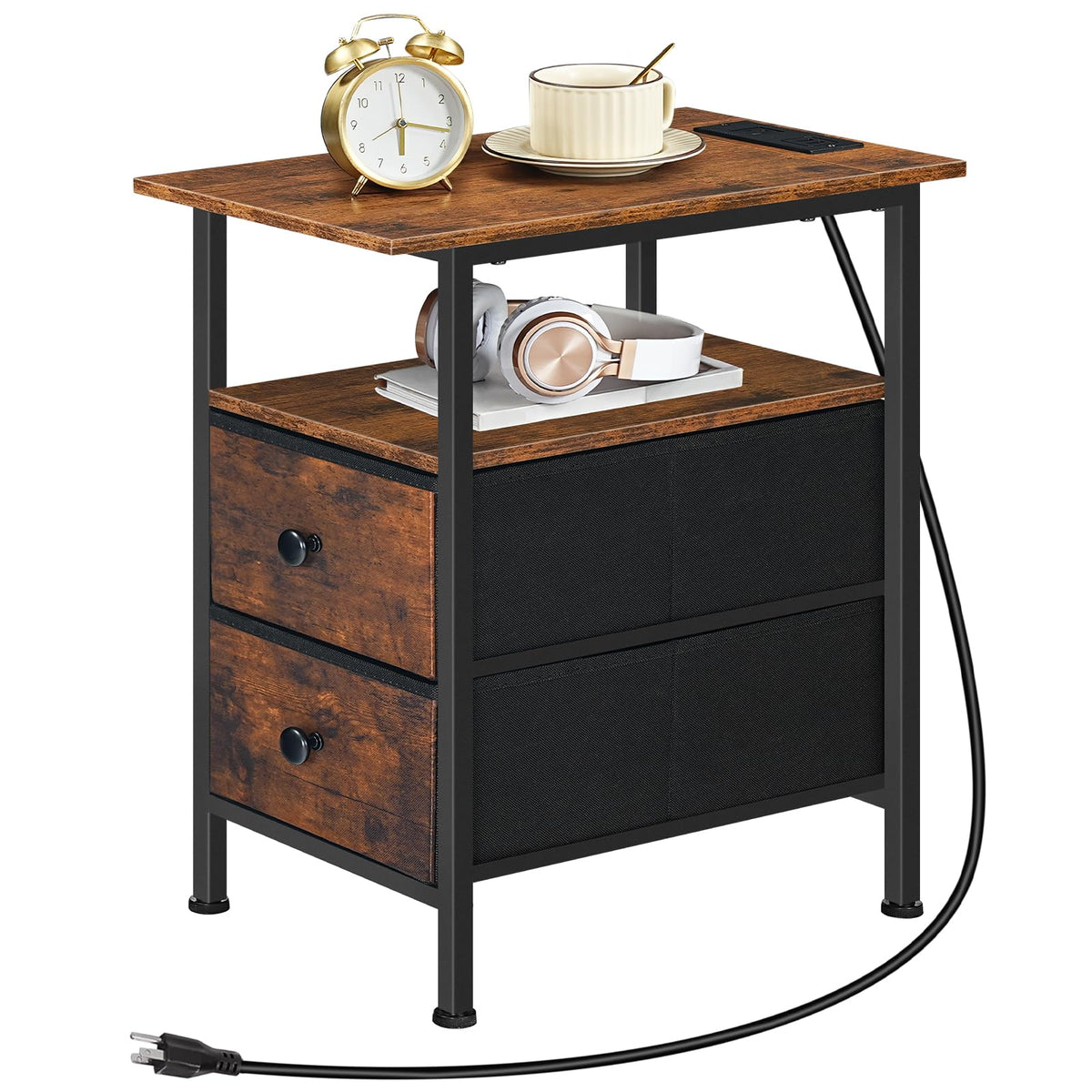 HOOBRO end table with charging station in bedroom beside bed offers bedside charging.
