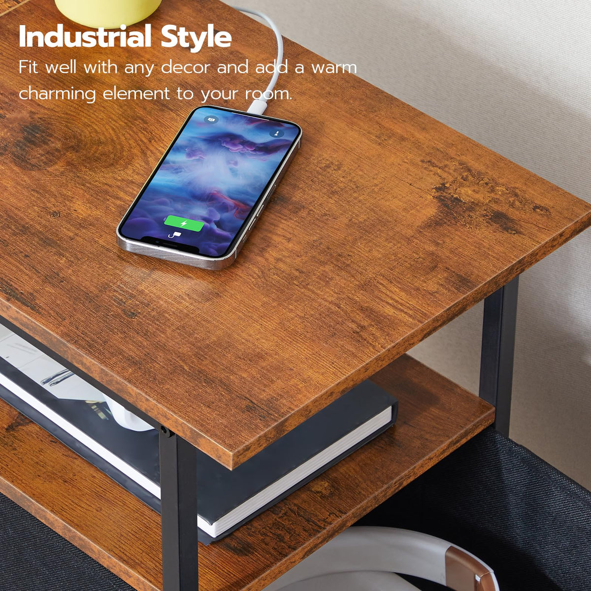 HOOBRO end table with charging station rustic brown panel evokes warm living room ambiance.