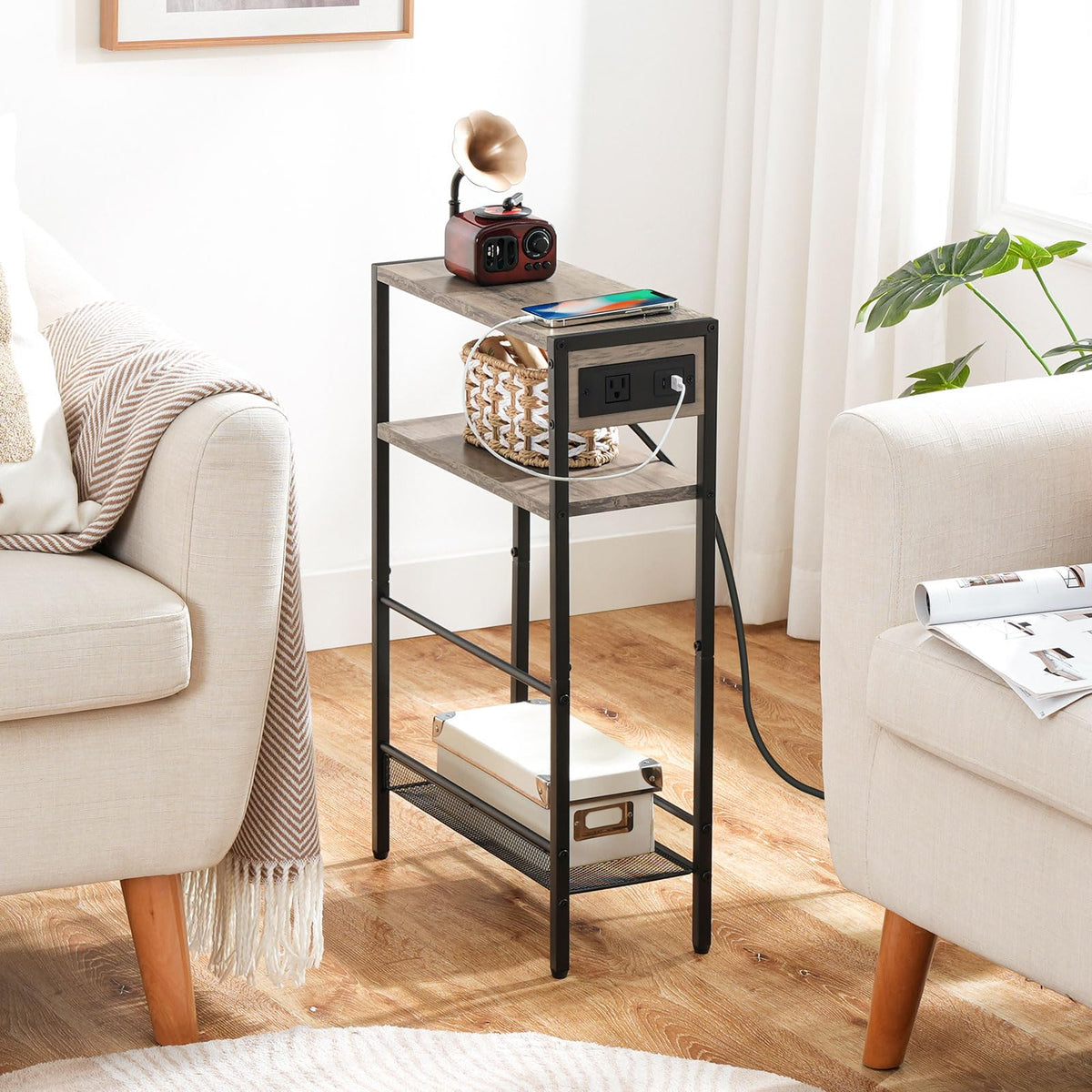 HOOBRO end table with open shelves and bottom mesh rack for organization