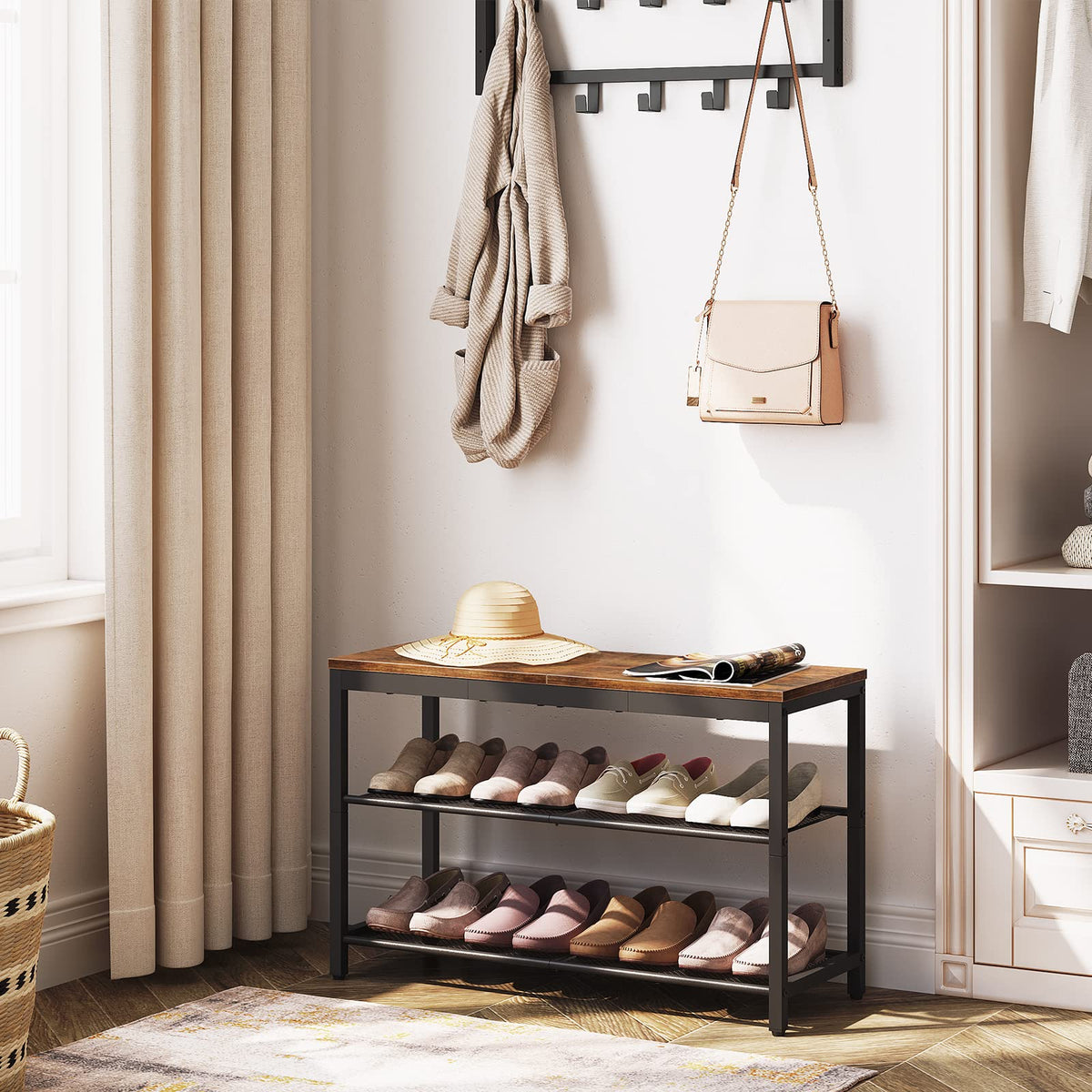 HOOBRO entry bench in rustic brown wood and metal for durable seating.