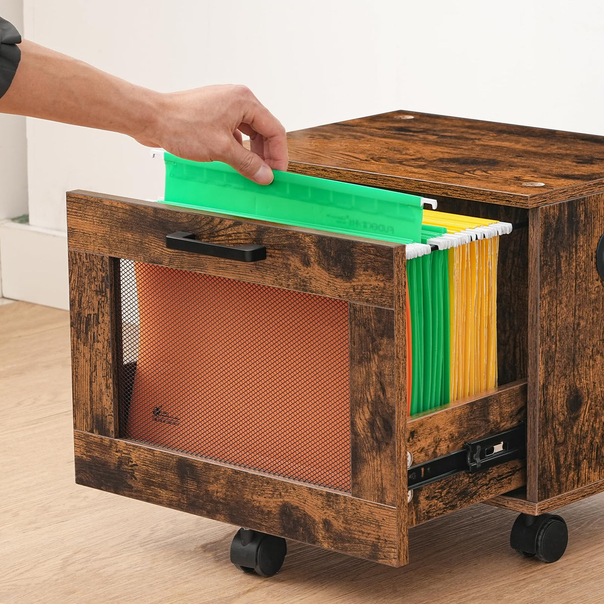 HOOBRO cabinet rustic brown finish with black mesh front for industrial style.