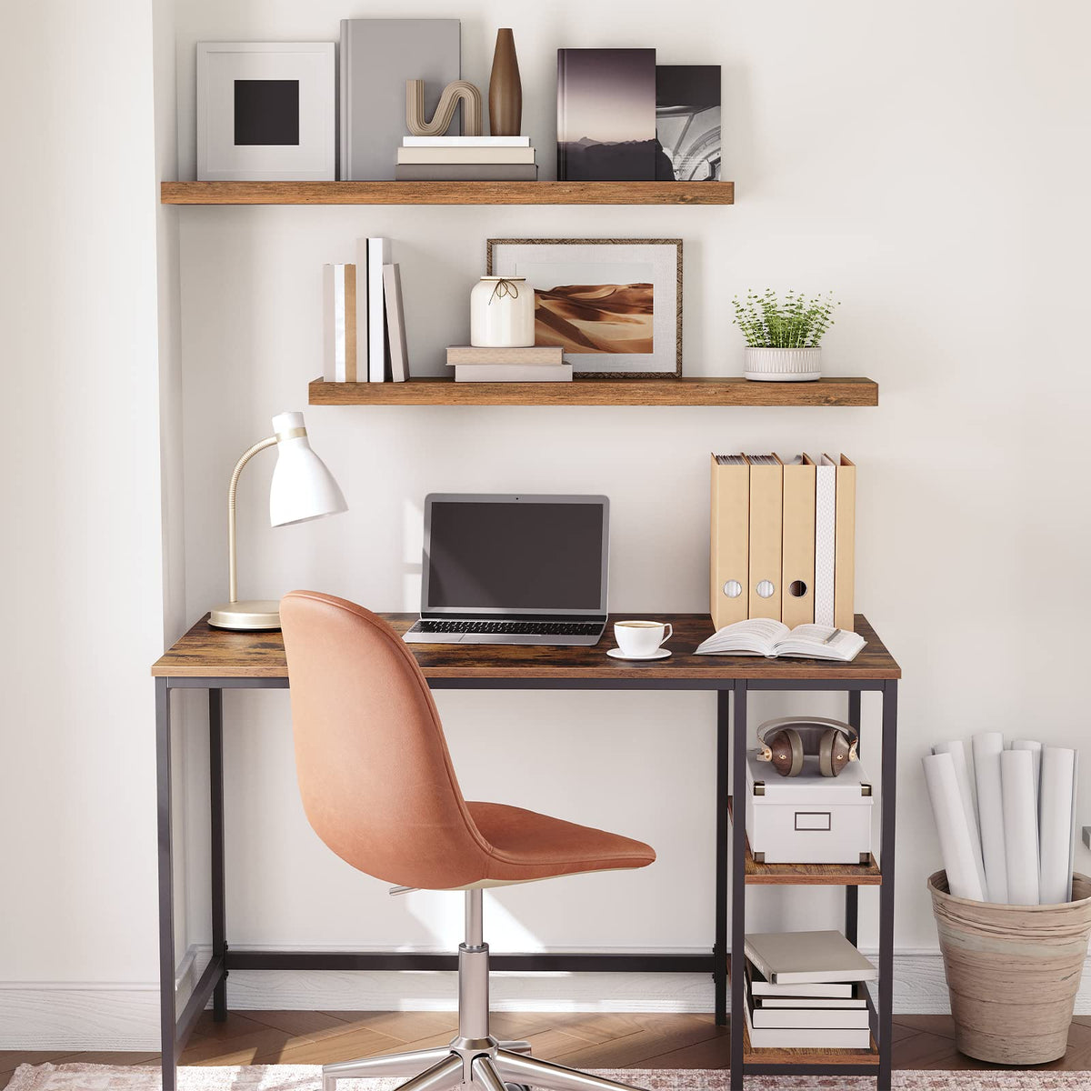 HOOBRO floating shelves bedroom decor setup with compact storage.