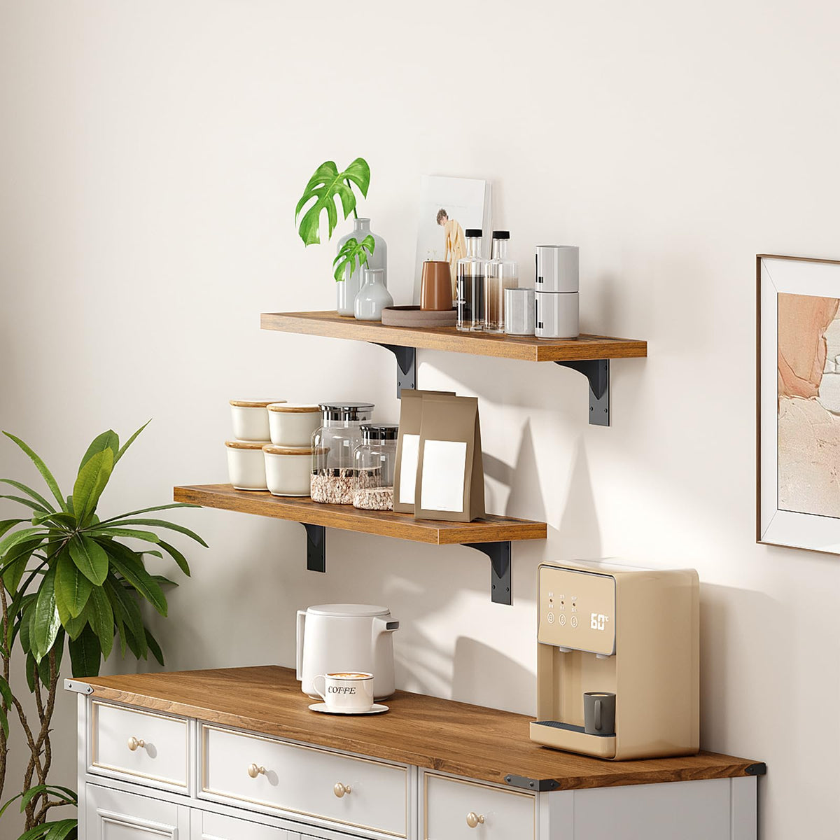 HOOBRO black rustic finish floating shelf complements modern and rustic interiors.