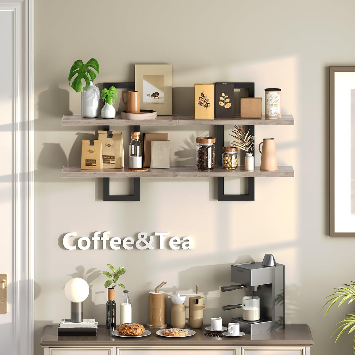 HOOBRO shelves in living room create decorative organization and display.