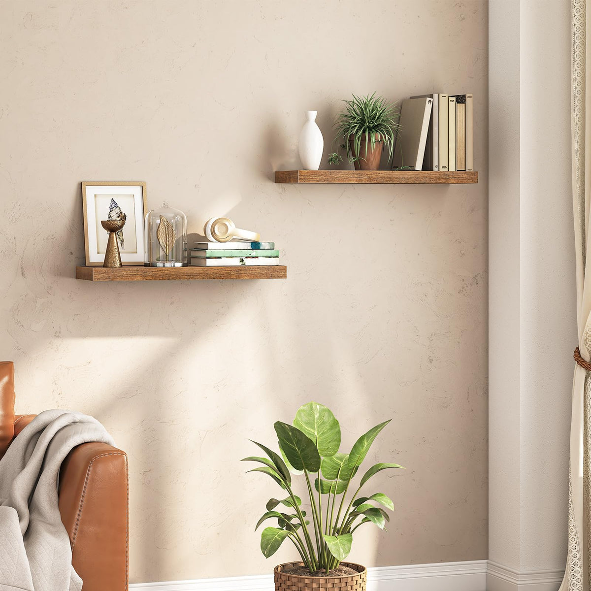 HOOBRO rustic brown wood shelves showcasing photos and keepsakes in a living room.