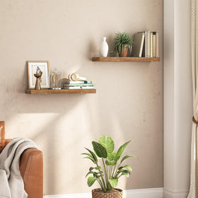HOOBRO rustic brown wood shelves showcasing photos and keepsakes in a living room.